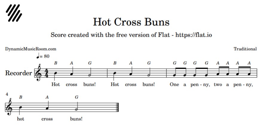 Hot Cross Buns Song Recorder Notes.