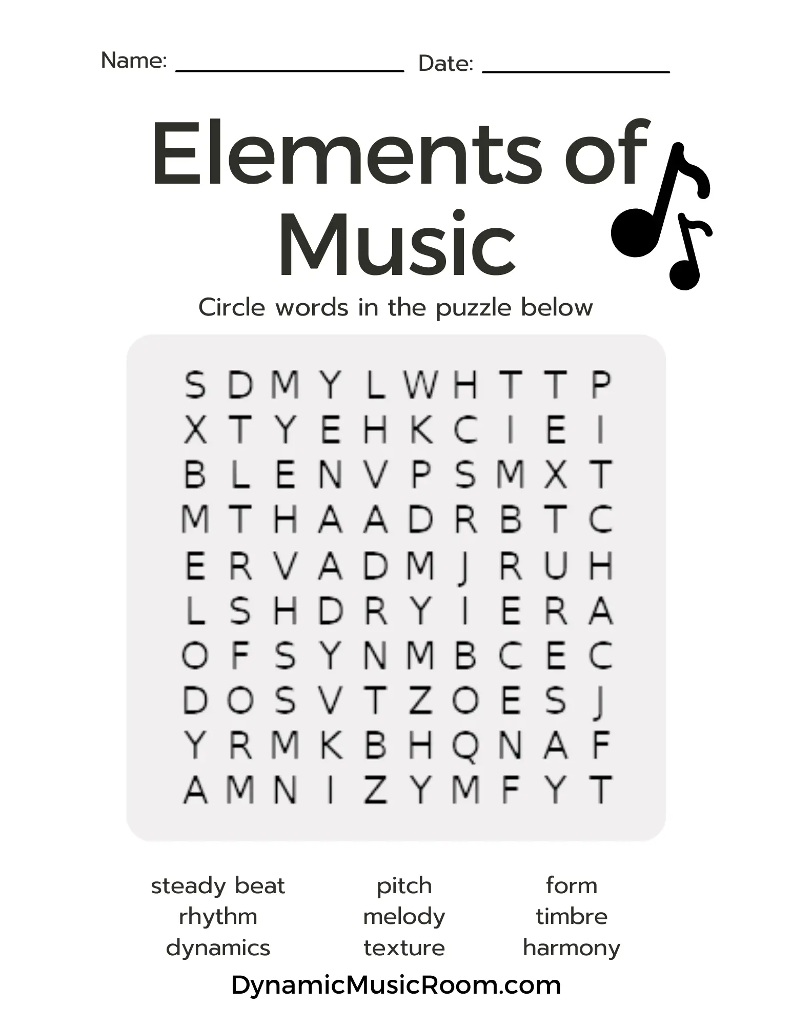 elementary music word search